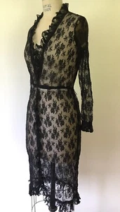 Vtg 80s Party Prom Dress Black Lace Sheer Goth Steampunk Body Con Hi Collar S-M - Picture 1 of 18