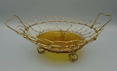 Vintage Footed Wire Basket with Handles & Hobnail Amber Glass Insert Bottom Cover