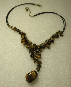 Vintage 22" Tigerauge Anhänger Cluster Halskette mit Lederband 49g - Bild 1 von 6