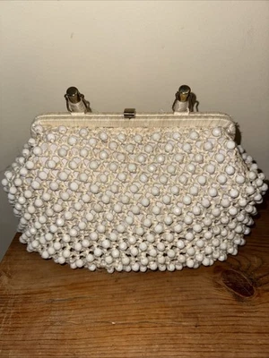 Bolsa de mão vintage feminina branca com miçangas feita por Le Jule Japão alça zíper 11"" - Imagem 1 de 4