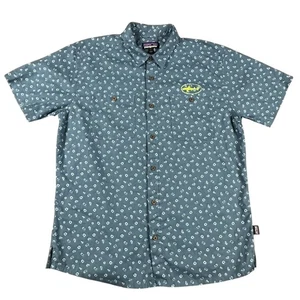 Patagonia Shirt Mens Medium Blue Button Up Short Sleeve Shark Logo Organic Hemp - Picture 1 of 9