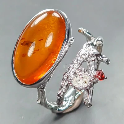 Joyería única anillo ámbar natural de 7 quilates de plata de ley 925 talla 7,5/R446009 Foto 1 de 4