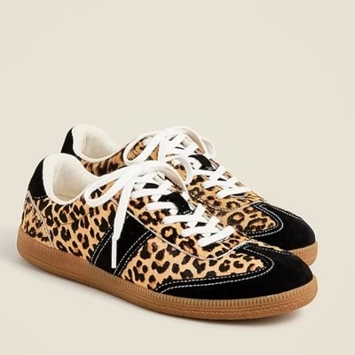 J.Crew Field 运动鞋 豹纹 小牛 头发 棕色 麂皮绒 尺码 10 全新带盒 — 第 1/4 张图片