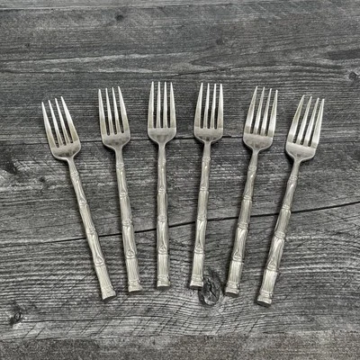 "6 tenedores de ensalada de acero inoxidable Hampton Silversmiths Cathay espejo bambú brillante 7""" Foto 1 de 4