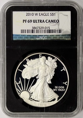 American Silver Eagle 2010-W Proof $1 NGC PF69UCAM losa retro negra Foto 1 de 2