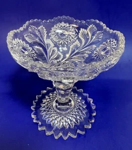 Vintage MILLERSBURG CRYSTAL HOBSTAR & FEATHER COMPOTE Saw Tooth Base 5.5” T 5”D - Picture 1 of 13