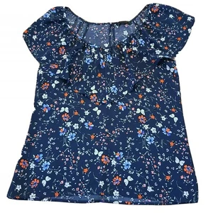 Sanctuary Blouse Small Navy Floral Ruffle Collar Sleeveless - Picture 1 of 8