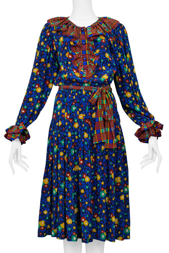 SAINT LAURENT (YSL) ABITO VINTAGE YVES SAINT LAURENT YSL BLU FLOREALE CON FINITURE A QUADRI 1980