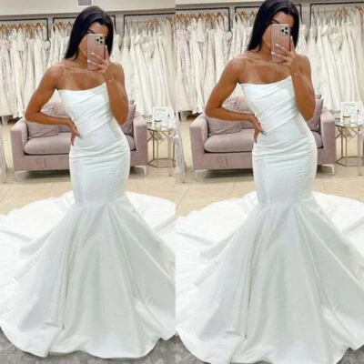 Classic Mermaid Wedding Dress Strapless Sweep Train Satin Simple Bridal Gowns - Image 1 of 4