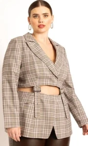 Eloquii Plaid Blazer Sz 22 Open Cutout Buckle Straps Embellishment Snap Closure - Picture 1 of 19