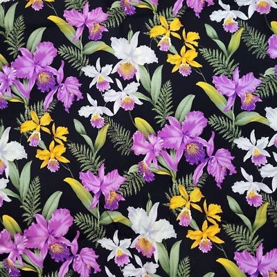 Hoffman ISLAND BOTANICALS Black Purple Yellow White Floral Quilt Fabric 4 yds - Image 1 of 4