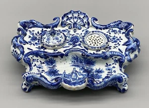 c. 1780 Large 18thC Dutch Delft Faience Desk Inkwell Stand with Pen & Pounce Pot - Picture 1 of 24
