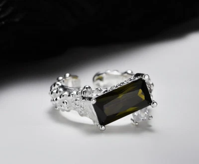 Anillo de moda ajustable de plata 925 esmeralda natural baguette verde oliva para mujer Foto 1 de 4