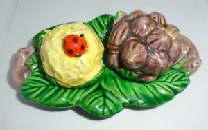 Vintage Cabbages Veggie Lady Bug Ceramic Salt & Pepper Shakers w/Tray MCM - Picture 1 of 10