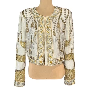 Chaqueta de seda con cuentas Laurence Kazar de colección talla L diseño borla oro blanco glamour rara - Imagen 1 de 14