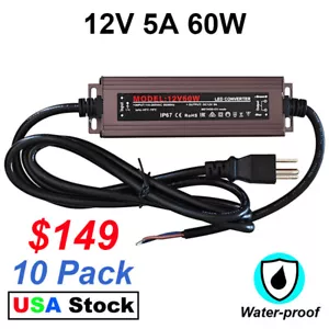 10 Pack DC 12V 5A 60W Adapter foor Led Strip , IP67 Waterproof 12 V Power Supply - Picture 1 of 10
