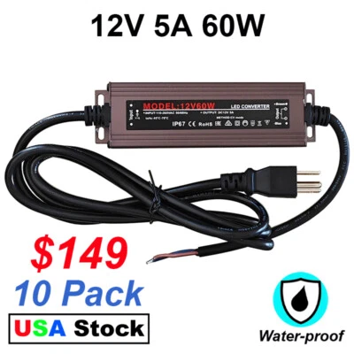 10 Pack DC 12V 5A 60W Adapter foor Led Strip , IP67 Waterproof 12 V Power Supply - Image 1 of 4
