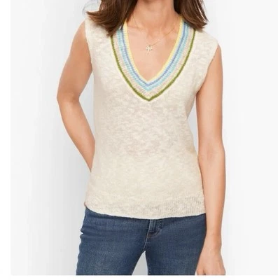 Talbots 亚麻棉混纺尖 V 领粗纺毛衣背心 L 码 — 第 1/4 张图片