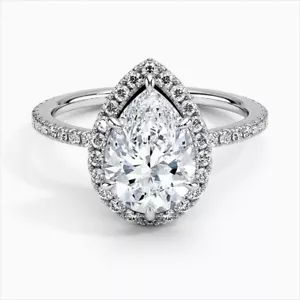 2.22 Ct G VS1 Lab Grown Pear Diamond Halo Engagement Ring 14k White Gold - Picture 1 of 5