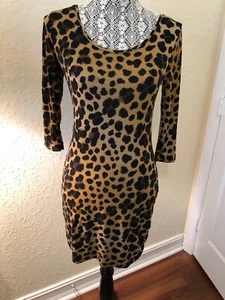 LADIES SIZE 8/M H&M BLACK BROWN SPOTTED ANIMAL PRINT LONG SLEEVE TOP/TUNIC-EUC - Picture 1 of 4
