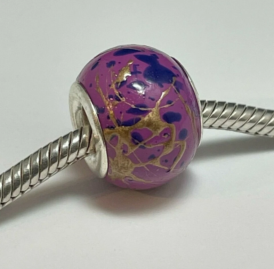COLORFUL PAINT SPLATTER Resin Murano Bead European SILVER PLATED Charm - Image 1 of 1