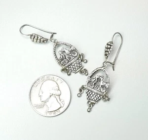 Vintage Sterling Silver Two Birds in a Basket Dangle Earrings 1.75" High 5.8 Gr - Picture 1 of 6