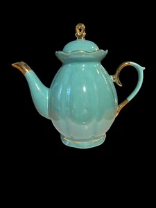 GRACE'S TEAWARE Teapot 4-5 Cup Aqua Turquoise Teal & Gold Trim Iridescent Swirl - Picture 1 of 6