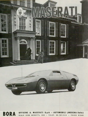 1973 Maserati Bora Sports Car Mansion Modena Italy Photo Specs Vintage Print Ad - Image 1 of 3