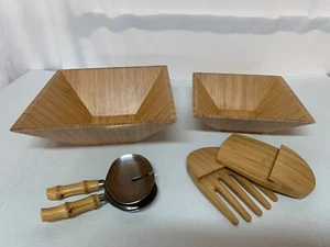 Pampered Chef 2 Bamboo Wood Salad Bowls/Serving Spoons and Wood Claws - Picture 1 of 9