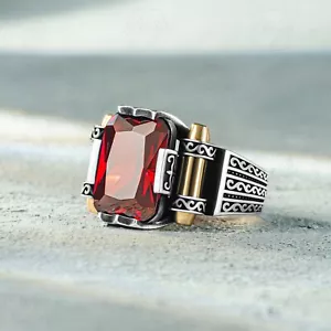 925 Sterling Silver Red Cubic Zirconia Stone Turkish Men's Ring - Picture 1 of 3