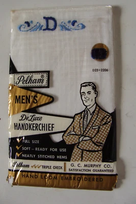 Vtg 1960s  Pelham Mens  Deluxe Handkerchief Monogrammed D package of 1 - Image 1 of 2