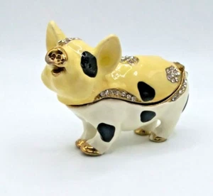 Beige & White Pig Enameled Bejeweled Trinket Box Hinged Lid AS IS - Picture 1 of 10