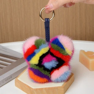 Real Mink Fur Flower Keychain Toy Fur Ball Pompom Bag Charm Phone Pendant Gift - Picture 1 of 4