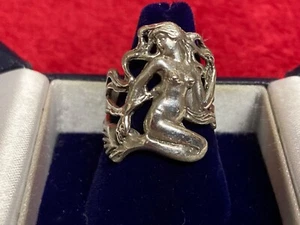 Retro solid Sterling silver Little Mermaid ring nude flowing hair - Picture 1 of 6