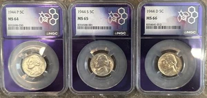 1944 P - S - D Jefferson 5 Cent War Nickel 35% Silver NGC MS66 - 65 & 64 - Picture 1 of 14