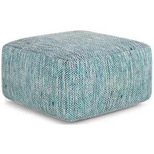 Bowery Hill Boho Square Pouf in Patterned Teal Melange Cotton - Picture 1 of 6