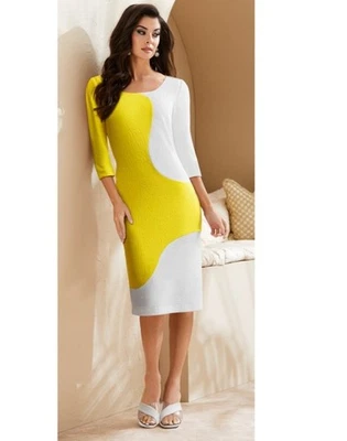 Size XL Midnight Velvet Yellow Formal Wedding Church Party Colorblock Knit Dress - Image 1 of 4