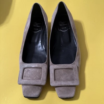 Roger Vivier EU 37 1/2 Beige Gamuza Cuero Hebilla Mocasines Planos Mujer’s Zapatos Foto 1 de 4