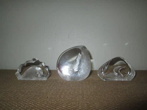 Lot of 3 Signed MATS JONASSON Sweden Etched Crystal Paperweights Seal Bird Loon - Picture 1 of 5