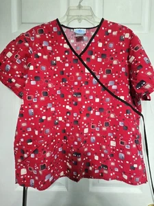 SB Scrubs Scrub Top Size L-Red/Black/Grey Boxes Mock Wrap-Chest 24"/L 26" - Picture 1 of 5
