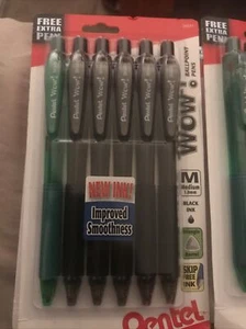 Pentel WOW! Retractable Ballpoint Pens Medium Line 5 Black 1 Green 6 Total x 2 - Picture 1 of 2