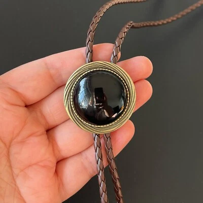 Round Natural Black Onyx Stone Bronze Base Men Bolo Tie Western Wedding Necklace - Image 1 of 4