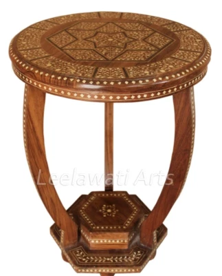  Handmade Teak Wood Floral Design Bedside Round Table  - Image 1 of 4
