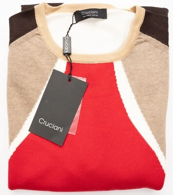 NUEVO CON ETIQUETAS CRUCIANI Blanco Marrón Azul Sea Island Algodón Cuello Redondo Suéter L (EU 52) Foto 1 de 4