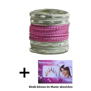 24 bracciali Sunflower Bollywood Bangles rosa argento 7 cm con Bindis India - Foto 1 di 1