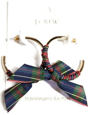 J.Crew Ribbon Wrapped Hoop Earrings Academic Green Multi Plaid Plated Brass New — 第 1/4 张图片