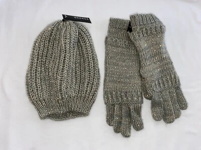 NWT Womens Beanie Hat & Gloves Set Gray Blue Silver Metallic & Sequin Finish  - Image 1 of 3