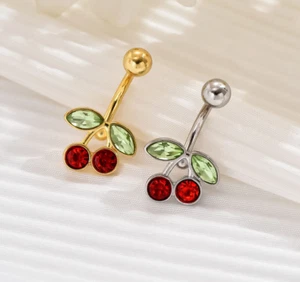 1PC Stainless Steel Red Cherry Rhinestone Navel/Belly Button Bar Piercing - Picture 1 of 4