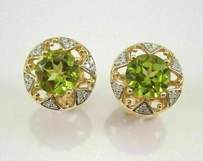 3.10Ct Round Lab-Created Peridot & Diamond  14K Yellow Gold Finish Stud Earrings - Image 1 of 4