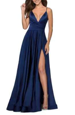 La Femme Navy Blue Plunge Neck Side Slit Satin Ballgown Dress Size 8 $408 - Image 1 of 2